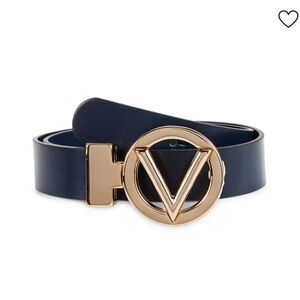 VALENTINO BY MARIO VALENTINO
Adela Logo Buckle Leather Navy  with Gold V Buckle
